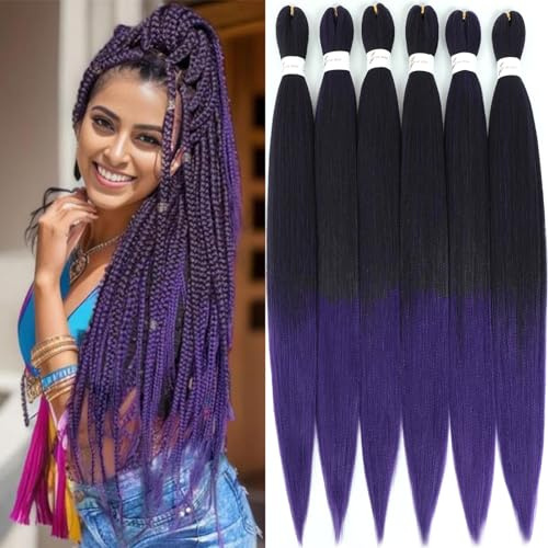 Xusuperb Rajout Cheveux Tressés Pré-étirés 30 Pouces Ombre Violette Noir Kanekalon EZ Braids Meches Cheveux pour Tresses Africaine 6 Paquets Synthétique Yaki Nattes Extensions de Cheveux(T1B/Purple#)