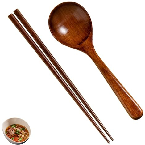 2 Stücke Essstäbchen Und Löffel Set -aus Holz, Asiatischer Suppenlöffel, Japanische Ramen Löffel, Wiederverwendbare Essstäbchen Holz, Servierlöffel, Esslöffel, Holzgeschirr Küche (20cm)