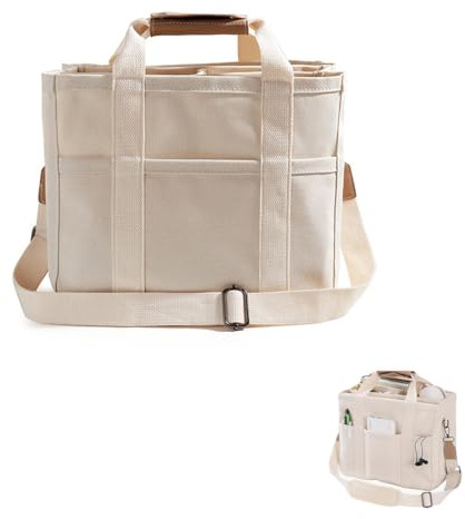 Qplcdg Canvas Umhängetasche Damen,Mehrtaschen Canvas Tasche,Multifunktionale Crossbody Bag für Schule,Arbeit,Reisen,Einkaufen (Beige)