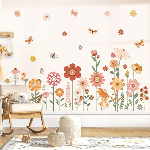 decalmile Wandsticker Blumen Boho Wandtattoo Gänseblümchen Schmetterlinge
