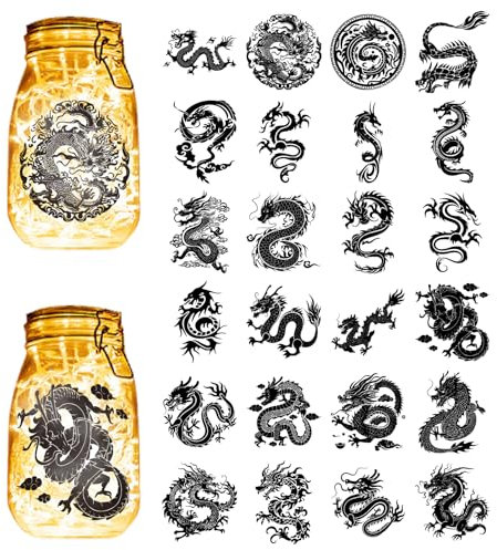 CREATCABIN 24Pcs Silhouettes Mason Jar Decor Chinese Dragon Laser Cut Cardboard Scrapbook Cutouts Die Cuts PVC for Crafting Lantern Jars Wall Painting Window Glass Phones 3.9x3.5Inch-No Sticker