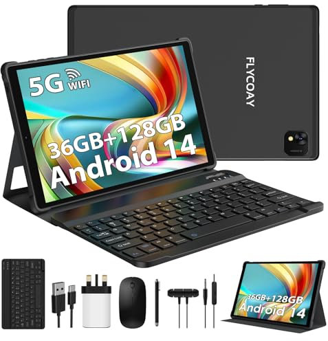 FLYCOAY Newest Android 14 Tablet 10 Inch, Octa-Core 2.0 GHz, 36GB RAM+128GB ROM(1TB TF) 5G+2.4G WiFi, 1920 * 1200 FHD, BT 5.0, GPS, 8000mAh, Metal Body, Tablet with Keyboard & Mouse, Black