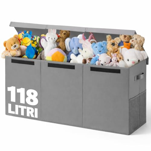 BAKAJI Cajas para juguetes para niños, caja de almacenamiento con tapa y 3 compartimentos, porta juegos de dormitorio plegable de TNT, cajas organizadoras Box capacidad 118 litros, 91,5 x 32 x 40,5 cm