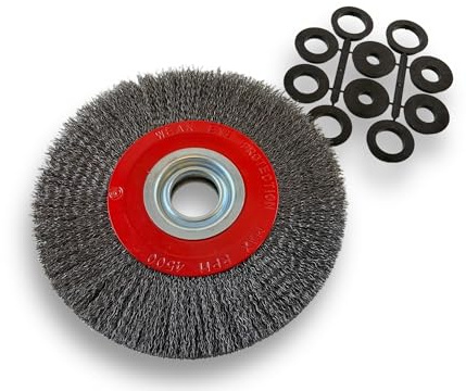 Kibros Brosse circulaire touret acier Ø 200 mm 3 rangs fil dur | Fil dur 0,30 mm ondulé, 3 rangs, alésage 32 mm + réducteurs bagues 25/22/20/16/12 mm, pour touret ou meuleuse.