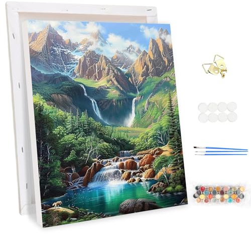 MEIYUDA Malen Nach Zahlen Erwachsene mit Rahmen Landschaft Gebirgsfluss, DIY Set Handgemalt Ölgemälde Kit für Anfänger und Erwachsene Mit 3 Pinseln und Acrylfarbe, Geschenke und Home Haus Deko 30x40cm