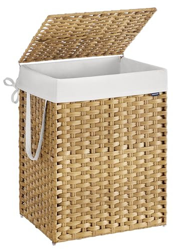 SONGMICS Laundry Basket, 110 L Synthetic Rattan Storage Basket with Lid and Handles, Wicker, Foldable, Removable Liners, for Blankets, Clothes, Living Room, Laundry Room, Natural Colour LCB152Y01