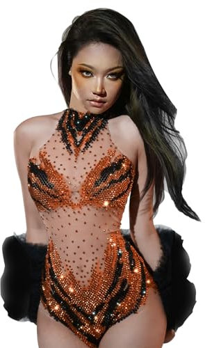 Yoyomomozi Modischer Body mit Strass, Glitzer, bedruckt, für Damen, Poledance-Gymnastikanzug, sexy Party, Club, Drag Queen Outfits, Oranger, Einheitsgröße