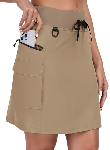 Jupe-Short Femme Randonnée en Plein Air UPF 50+ Séchage Rapide Jupes de Sport Golf Jupe Tennis avec Short Intégré et 4 Poches Kaki XL