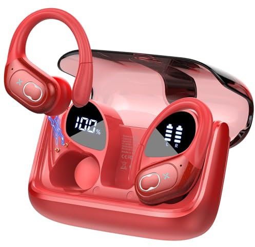 STECEi Auriculares Inalámbricos Deportivos, Auriculares Bluetooth 5.4 con HD Micrófono, 75H de Reproducción con Cancelacion Ruido ENC, IPX7 Impermeable Cascos Inalambricos Running Rojo