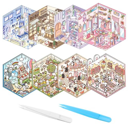 JIEYAO 8 Sets DIY 3D House Stickers, Miniatur Haus Sticker 3D mit 2 Pinzetten Fun diy stickers Scene Cute Cartoon Stacking Scene Stickers Kreative DIY 3D Sticker für Erwachsene und Kinder