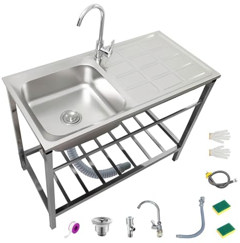 Bliajkswyr Edelstahl Waschbecken Garten Freistehend 304 Edelstahl Spültisch Multifunktionswaschtisch Spültisch Schmal Camping Spüle mit Ablassvorrichtung für Küche Restaurant Waschküche Garten