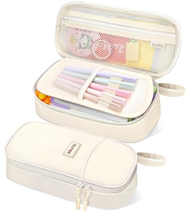 SUNEE Federmäppchen mit großer Kapazität, Ästhetische Mäppchen mit Fächern und Griff, Tragbare Federtasche und Federmappe für Schule, Büro, Mädchen, Jungen, Teenager & Erwachsene, Beige