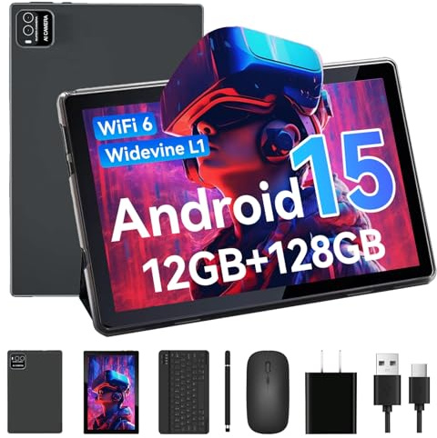 VitezTab Tablette Android 15 WiFi 6, Tablette 10 Pouces avec 12Go RAM + 128Go ROM (1 to TF), Widevine L1, Bluetooth 5.0, 6000mAh, 5MP+8MP, Tablette Tactile avec Clavier, Souris, Stylet et Étui – Noir