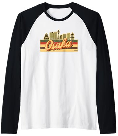 Osaka Skyline & Japan Retro Stripes - Orgullo japonés Camiseta Manga Raglan