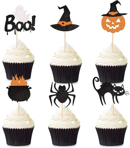 ENLACE Tortendeko Halloween Cupcake Topper Kürbis Deko Torte, 24 Stück Halloween Deko Kuchen, Hexenhut Geist Tortendeko Spinne Muffin Deko, Kürbis Kuchendeko für Halloweenparty Horror Themed Party