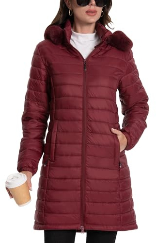 ATLASLAVA Damen Winterjacke Lang Wintermantel Steppjacke Übergangsjacke Daunenjacke Wasserdicht Warm Leichte Kapuze Frauen Winter Mantel Outdoor Weinrot M