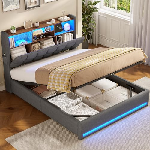 AOGLLATI Lit Coffre 140x190,sans Matelas,Lin Gris | Lit 140x190 avec Sommier à Lattes en Bois Capitonné avec Multiprise et Ruban LED,5 Compartiments et Rangement sous Sommier