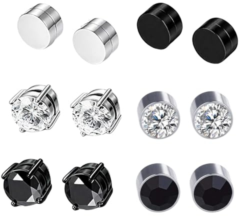 LuLiyLdJ Pendientes para hombre, 6 pares de pendientes magnéticos de acero inoxidable para hombre y mujer sin pinchazos，6mm
