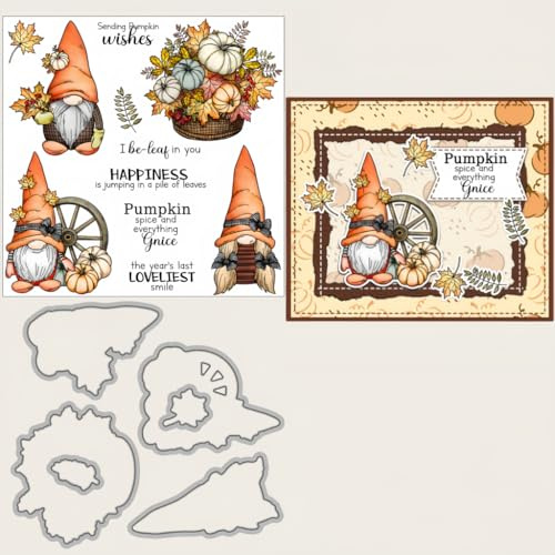 Sredwtk Ahornblatt Kürbis Gnome Herbst Stanzschablonen und Stempelset,Stempel und Stanzen Set,Silikonstempel und Stanzen Set,Clear Stamp und Stanzschablone Für DIY Scrapbooking Fotoalbum Dekor Karten