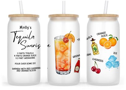 Personalised Frosted Glass Tumbler, 500ml, with Lid and Straw, Cocktail Design Collection, Birthday Gift (Tequila Sunrise)