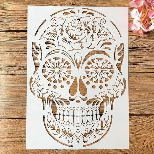 TIAMECH A4 Reusable Mandala Skull Stencil for Painting - Smile Ghost Layering Template, DIY Wall Art, Wood Furniture, Scrapbook & Crafts (8.3x11.7inch)