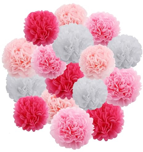VEGCOO 16 pompon fiori rosa, decorazione pompon palla da appendere in carta, rosa pompon carta da sé per carnevale matrimonio decorazione battesimo ragazzo ragazza festa di compleanno