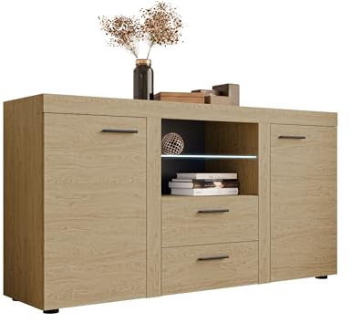 Mirjan24 Kommode Rango mit Glasboden, Highboard Sideboard, Anrichte, Naturtöne, Mehrzweckschrank, Wohnzimmerschrank, Anrichte, Schrank (Geölte Eiche, mit Beleuchtung)
