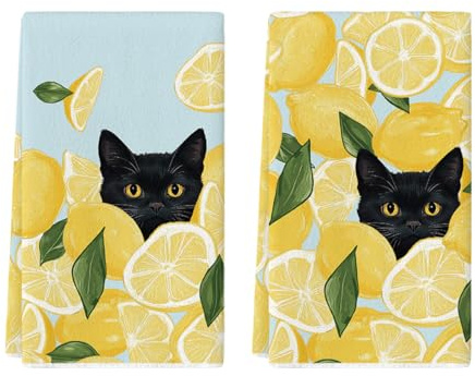 Artoid Mode Gelb Zitrone Schwarz Katze Sommer Küchentücher Geschirrtücher, 42x65 cm Saisonale Frühling Dekoration Polyester Handtücher 2er Set