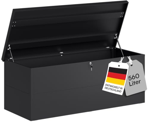 STEELSØN Icarus Gartenbox Metall 560 L – Auflagenbox mit Deckel abschließbar – Gartentruhe wasserdicht – Aufbewahrungsbox Dunkelgrau – outdoor Kissenbox 165x70x63 cm – große Truhe für Gartenpolster