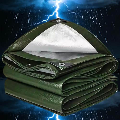 Tarpaulin Waterproof Heavy Duty Tarp PE 1.3x2.8m Sheet Cover, Groundsheet - Waterproof, Weatherproof, Frost-Resistant, UV Protection, Universal, Multipurpose, Reinforced Eyelets Green silver