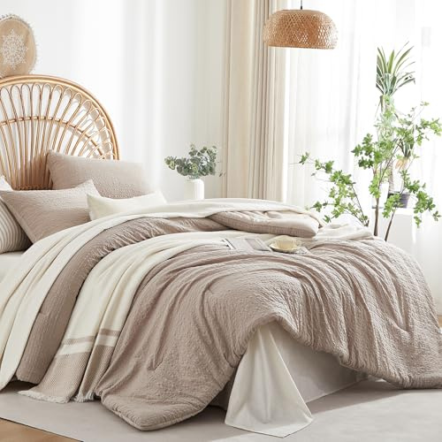 softpage Seersucker Warm Taupe Comforter Set Queen Size 3 Pieces Soft Textured Bedding Set, Lightweight All Season Comforter with 2 Pillow Shams, Modern Boho Neutral Bed Set