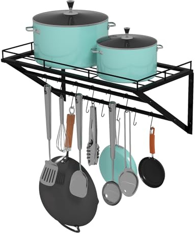 TOQUE Wall Mounted Pot Rack 60cm, Extra Sturdy Kitchen Shelf with 12 Hooks, 3-in-1 Space Saving Organizer for Pans, Utensils & Towels (Black)