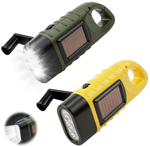 2 Pack Wind up Torch Solar Torch with Carabiner Hook Hand Crank LED Flashlight Portable Survival Emergency Kit with Carabiner Clip Camping Torchs for Hiking Camping Climbing Energy Green Yellow