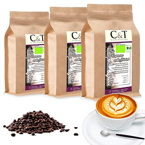 Organic Bio Espresso Crema | Café décaféiné 100% Arabica 3x 1000 g grains entiers Gastro-Sparpack en sachet papier kraft