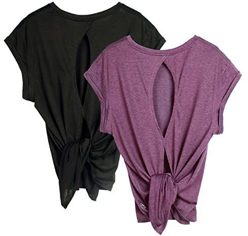 icyzone Camiseta de Fitness de Manga Corta de Espalda de Suelta Cuello Redondo Transpirable Abierta para Mujer, Pack de 2