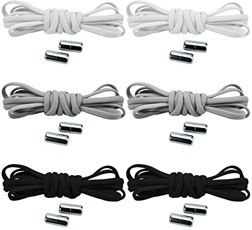 beifon 6 Paar Schleifenlose Schuhbänder Schnürsenkel mit Schnellverschluss elastische, mit Metallverschluss No Tie Shoelaces Gummi Schuhband Metallkapsel für Sport Kinder Schwarz+Weiß+Grau
