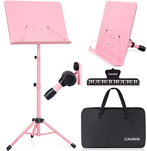 CAHAYA Sheet Music Stand Portable Metal Laptop Holder Pink | Carrying Bag, Score Folder, Projector Mount, Podium Desk, Height Adjustable, Travel Studio CY0194-1