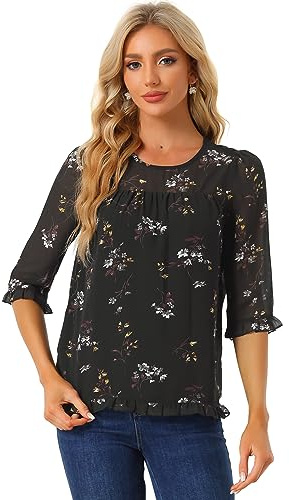 Allegra K Women's Casual Ruffle 3/4 Sleeve Floral Print Chiffon Blouse, Black, XL