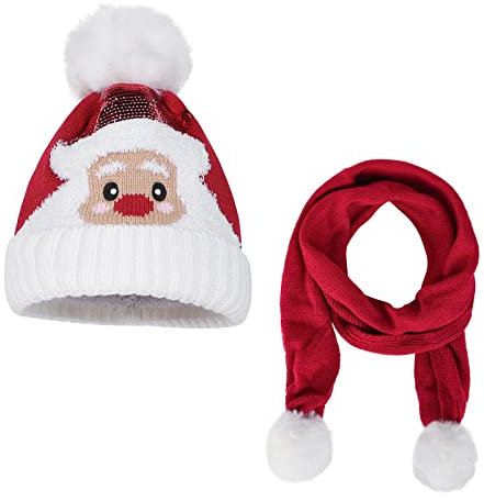Strickmütze Kinder Wintermütze Weihnachten Beanie Mütze 2 in 1 Set Bommelmütze Weihnachtsmann Kindermütze Elch Mütze mit Schal Wollmütze Warm Strickschal Winddicht Kunstfellmütze Weich Winterhut