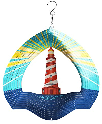 12in Metal Wind Spinner, Prefdo 3D Unique Laser Cut Hanging Wind Catcher Kinetic Sculpture Craft Gift for Outdoor Yard Patio Garden Decorations(Lighthouse)