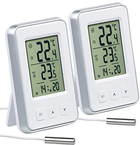 Pearl Set da 2 termometri digitali per Interni ed Esterni, Orario, Grande Display LCD