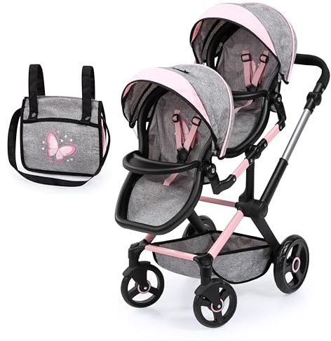 Bayer Design 26733AA Carrozzina per bambole gemelle Twin Xeo, carrello, manico regolabile, borsa, grigio, rosa