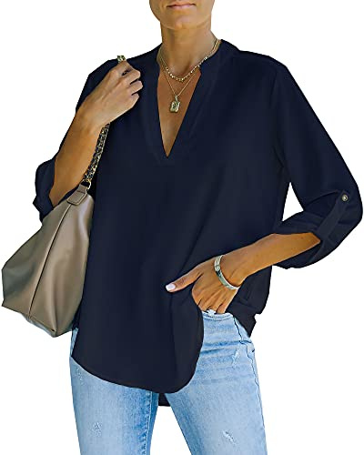 NONSAR Camicetta da donna Henley, elegante, con scollo a V, maniche arrotolabili, in stile casual, Blu scuro, XXL