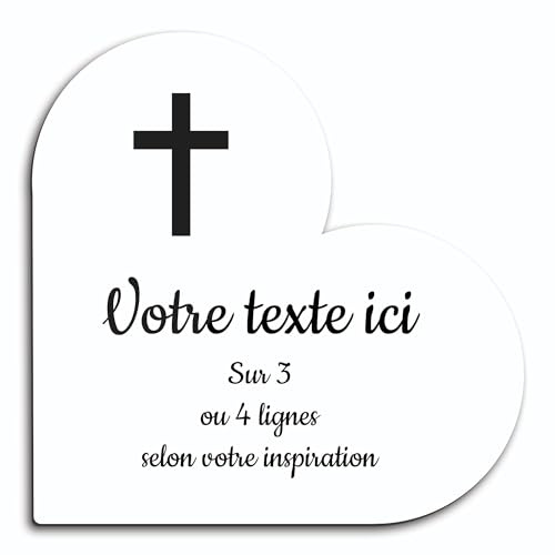 OCAP-FUNERAIRE.COM Grabschild mit Gravur Motiv christliches Kreuz, selbstklebend, Modell Herz (15 x 15 cm), personalisierbar, 1 bis 3 Zeilen, weiß, Schrift schwarz