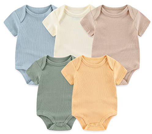 Chamie Newborn Baby bodysuit kortärmad för baby pojkar och flickor 0–12 m, 5-pack, Flerfärgad solid onesie 2, 0-3 månader