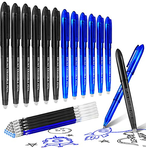 BBLIKE Erasable Pens - 12 Pcs Rub Out Pens and 20 Refills, 0.7mm Rubber Rollerball Pen, Pen with Eraser on the End, Handwriting Writing Pens for Adults Kids School Office Stationary (Blue and Black)