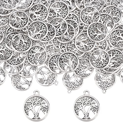 SUNNYCLUE 1 Scatola 100 Pezzi Ciondoli Albero Della Vita Bulk Ciondoli Rotondi Piatti In Lega Stile Tibetano per Creazione di Gioielli Fai Da Te Ciondola Collana Bracciale Orecchini Accessori