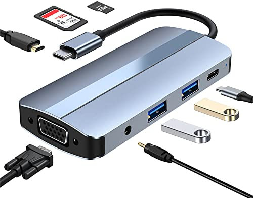 8 in 1 USB C Laptop Docking Station, Laptop Hub USB Type-C to HDMI | VGA | USB 3.0 | USB 2.0 | 3.5 MM Audio | SD&TF | PD 100W Fast Charging for iPhone,MacBook,iPad,More Type C Tablet PC Phone