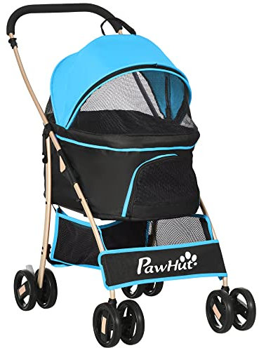 PawHut 3 in 1 faltbarer Hundewagen Haustier Kinderwagen kleiner Hundewagen mit abnehmbarem Wagon Aufbewahrungskorb Sicherheitsgurte und Kissen Blau