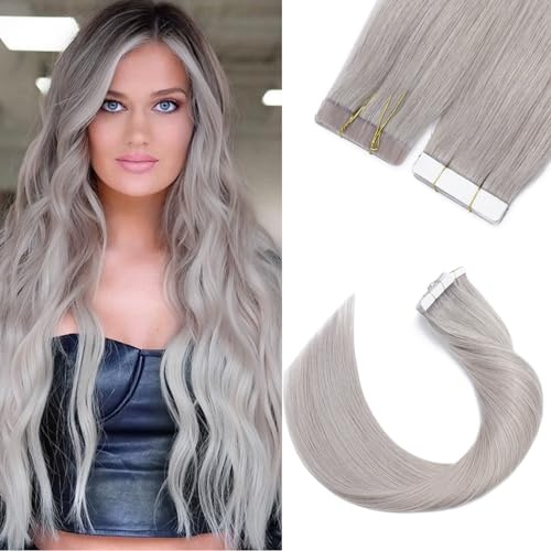 Silk-co Tape in Extensions Echthaar 20stk, leicht Version Tape Extensions Echthaar, Remy Haarextensions Tape in Haarverlängerung Kleber Skin Weft 30g GREY# Grau 50cm